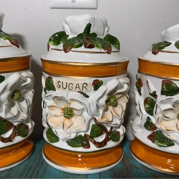 Vintage Floral Ceramic Canister Set-3-D Floral Design Coffee Tea Sugar - Picture 4 of 14